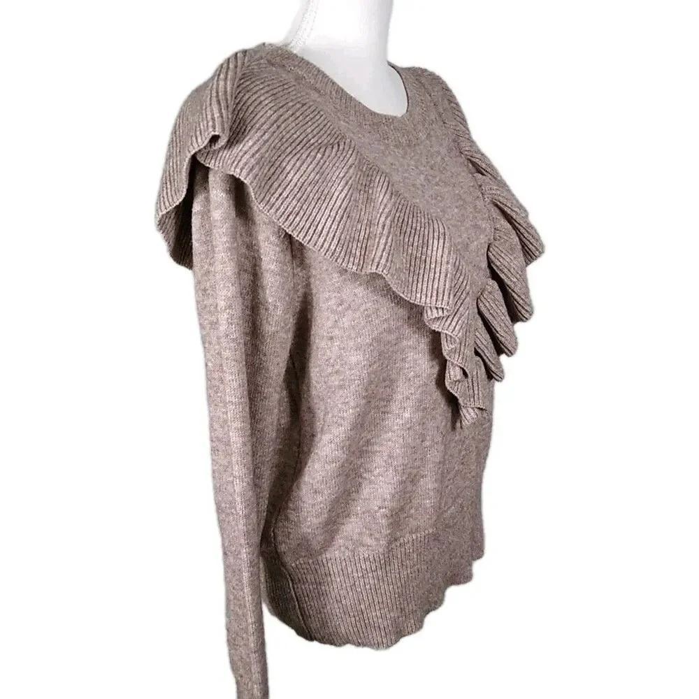 143 STORY Ruffle Sweater Retro 80s 90s Preppy Prep Clean Girl Tan Brown Sz M - Picture 4 of 8